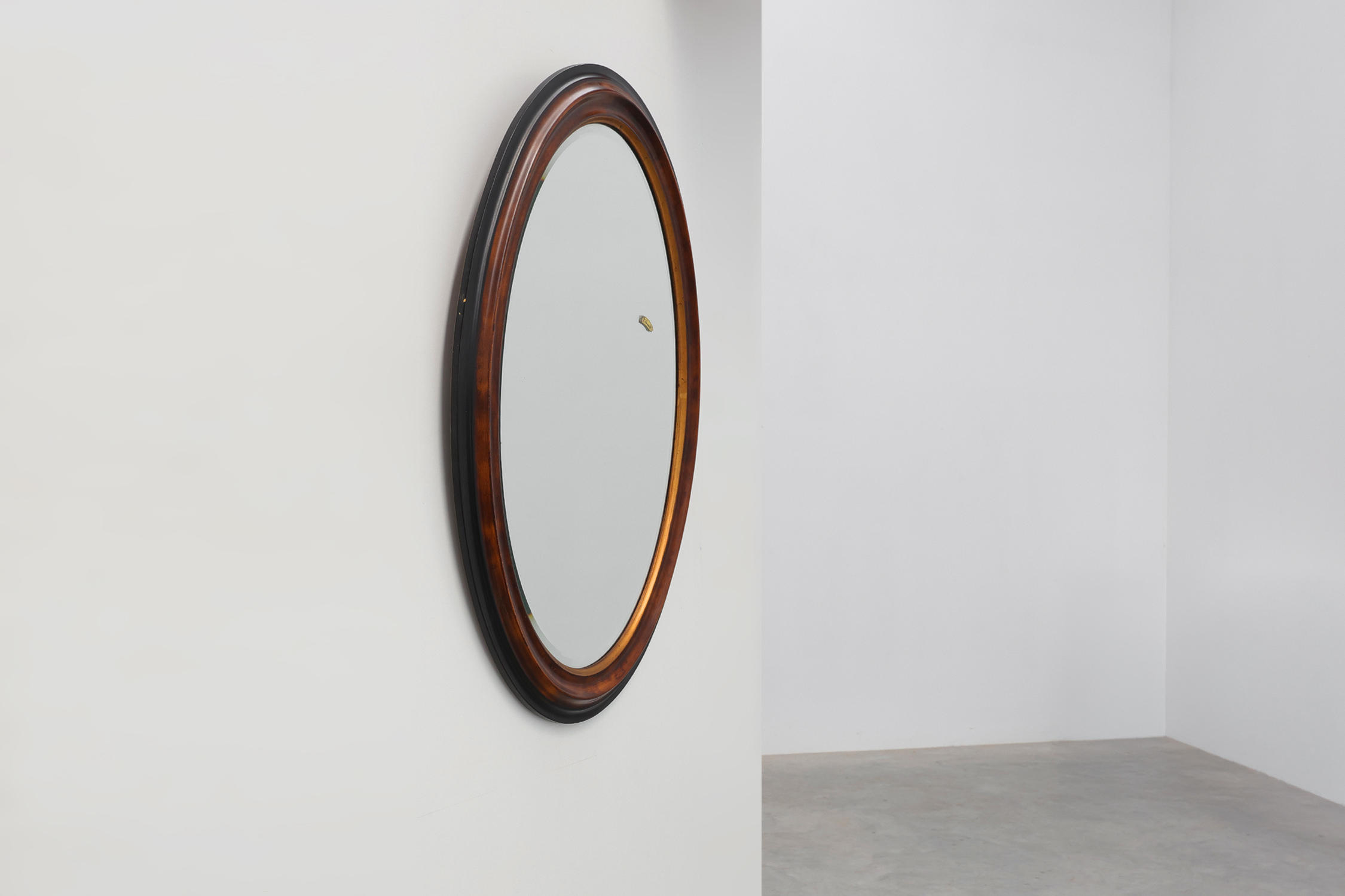 Deknudt Oval Wall Mirror with Walnut-Toned Frame and Gilt Inner Edge, Belgiumthumbnail